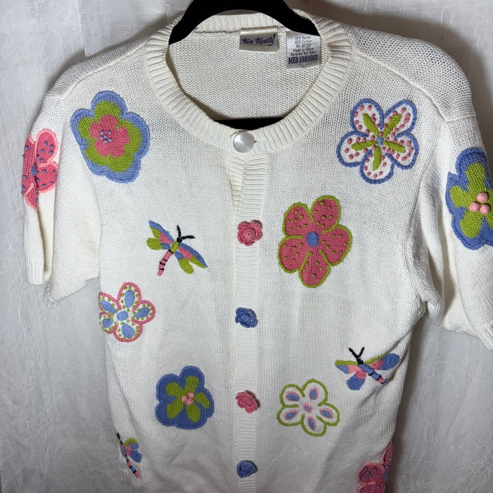 Cottage Core Two Twenty White Cardigan with Colorful Floral and Dragonflies